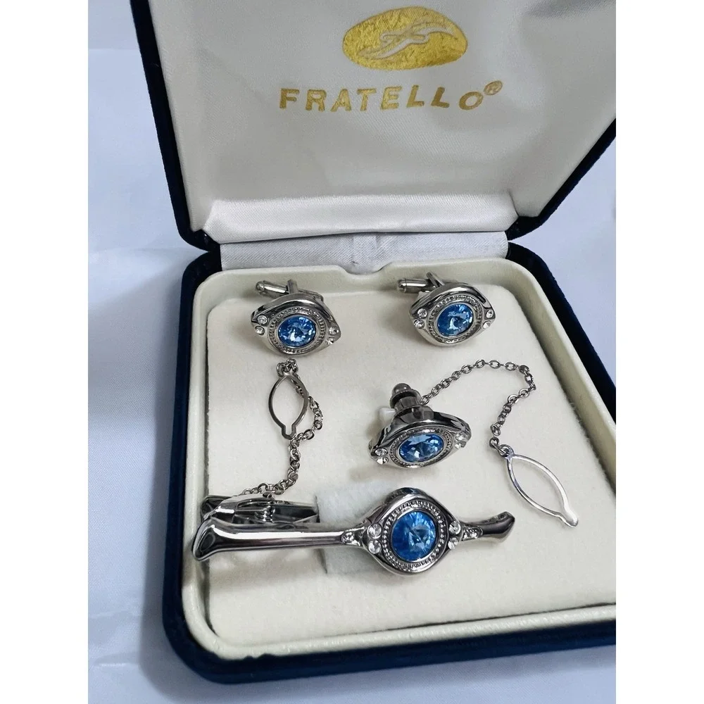 Vintage Fratello Cufflinks & Tie Bar Set Silver Tone Blue Accent Classic Elegant